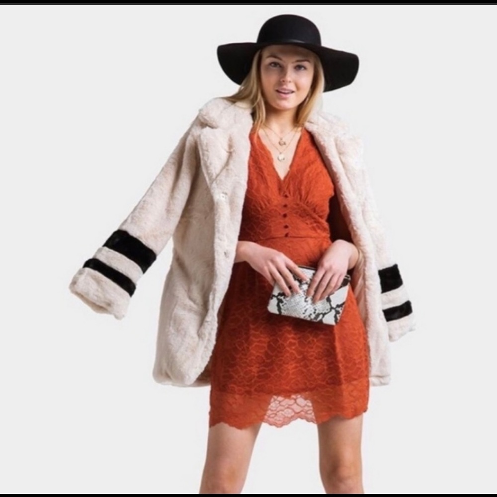 NWT Faux Fur  Varsity Stripe Midi  Cream  Coat